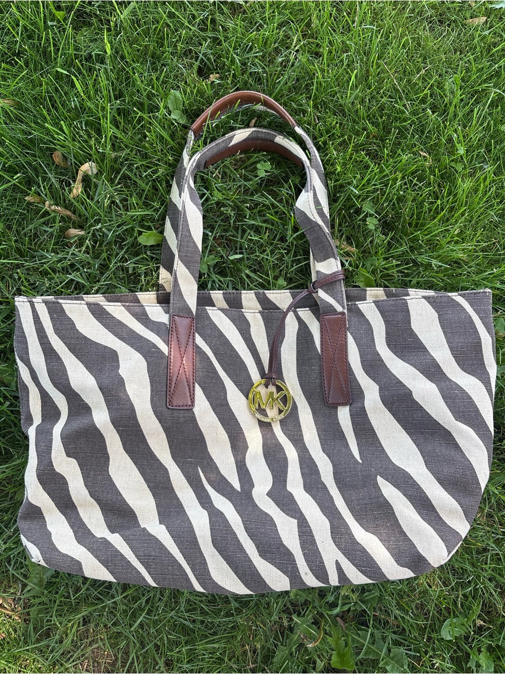 Michael Kors Zebra-Print Canvas Tote in Brown and Cream with MK Charm